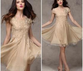 dress beige lace short cocktail evening prom sleeve bridesmaid pearl flower beaded